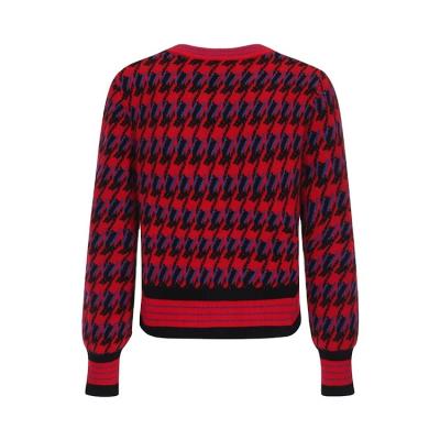 China Red Knitwear Manufacturer Plaid Anti-wrinkle Knitwear Women's Vintage Custom Fashion Crewneck Sweater Cardigan for sale