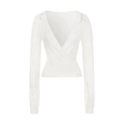 China Custom White V-neck Knitwear Manufacturers Long Sleeves Sweater Anti-wrinkle Cutout Women's Sweater for sale