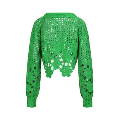 China Anti-wrinkle Knitwear manufacturers custom green polo collar long sleeves cutout women crochet sweater for sale