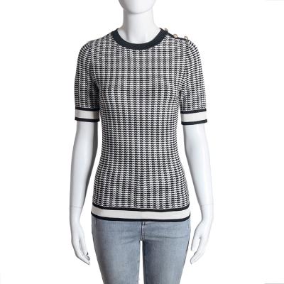 China high quality Anti-wrinkle slimming shorts sleeved round collar fashion black and white striped women's sweater for sale