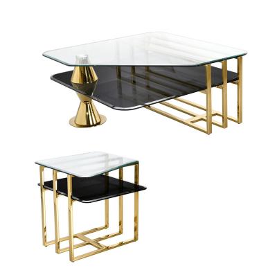 China Modern Stainless Steel Glass Coffee Table Center Coffee Table For Living Room Tea Table With Shelf Bottom Living Room for sale