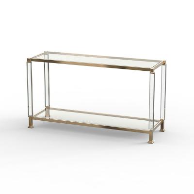 China Display Stand Gold Rectangle Metal Console Table Glass Top Brass-finished Frame With LED Side Table for sale