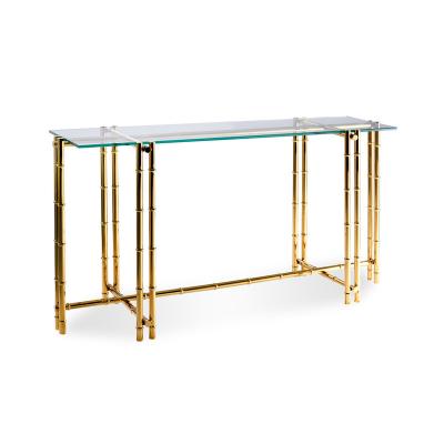 China Luxurious heavy duty glass brass standard rectangle sofa display stand glass console table for sale