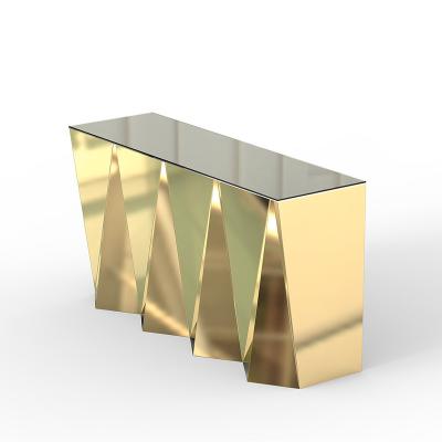 China Display Stand Gold Metal Console Table Curved Stainless Steel Pedestal Base Coupled Dining Table for sale