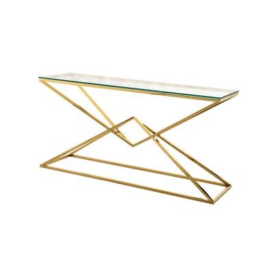 China Display Stand Brushed Gold Metal Stainless Steel Console Table in Gold Poland Art Deco Accent Table for sale