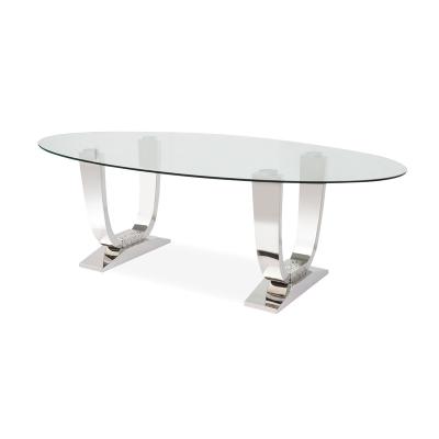 China High Quality Stainless Steel Dining Table Dining Room Tempered SILVER FINISH STAINLESS STEEL Clear Glass Oval Table for sale