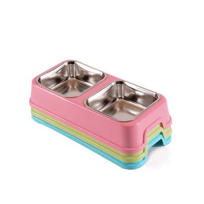 China Viable Hot Selling Supplies Pet Drinking Quadrate PP Dog Cat Bowls Double Function Stainless Steel Plastic Pet Bowl for sale