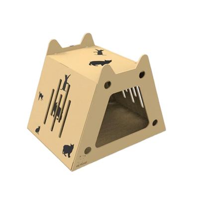 China Recyclable Foldable Cat Scratch House Kitten Shaped Cardboard Pet Cat Toy Viable Scratch Post Wrinkled Paper Cat House for sale