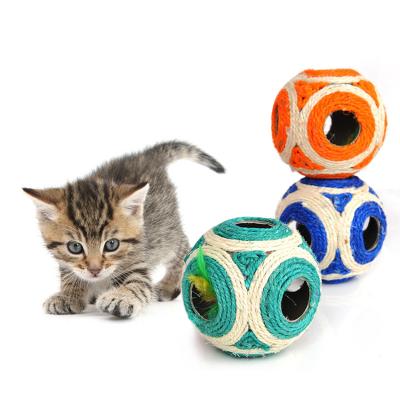 China Viable Rope Cat Bola Six-Holes Cat Toys Sisal Pet Toys and Accessories Scratching Ball with Feather Ball Inside for sale