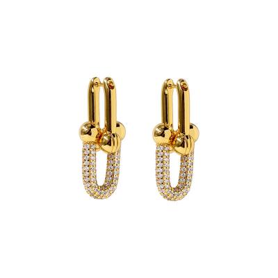 China Wholesale Jewelry TRENDY Huggie U Shaped Luxury Brass Dangle Earrings CZ Circles U Link Chain Drop Circle Earrings for sale