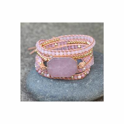 China TRENDY Bayes Healing Gems Boho Natural Druzy Stone Handmade Bracelet Rose Quartz Wrap Leather Bracelet For Women Jewelry for sale