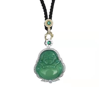 China FASHIONABLE Living Supply Milai Buddha Inlaid Natural Green Emperor Green Chalcedony Diamonds Ice Top Surrounding Buddha Pendant Jewelry for sale