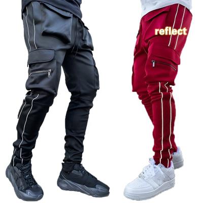 China Anti-Wrinkle Mens Stretch Sweatpants Slim Solid Color Gym Cargo Pants Multi Pockets Jogger Pants Reflective Running Jogging Man for sale