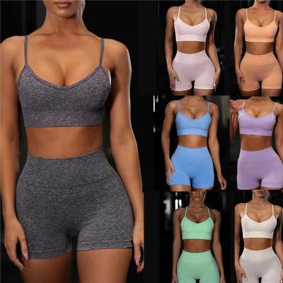 China Breathable Female Classic Solid Colored Yoga Sets Seamless Wear Cami Top Bra Boyshorts Yoga Sets for sale