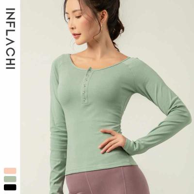 China Breathable In Running Wholesale Ladies Casual Highly Elastic Yoga Full Front Buttons Women Active Wear Long Sleeve Buttons Yoga Sports Shirts for sale