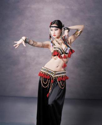 China Charming beaded  belly dance bra and belt tribal dress costume with tassels  Stock costume for sale