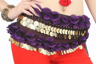 China Contrast flower chiffon long hip belt belly dance hip scarf with coins OEM for sale