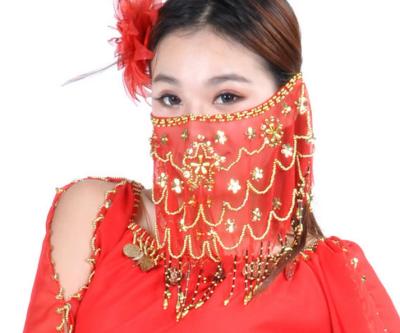 China Beaded plum mesh belly dance face veil red , pink , black color for sale