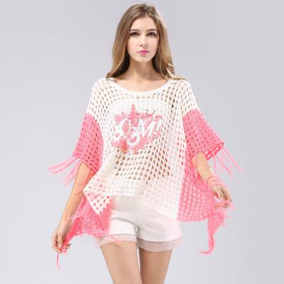 China Fringed detail Jewel pattern Fishnet womens knitted poncho shawl Pink and white  color for sale