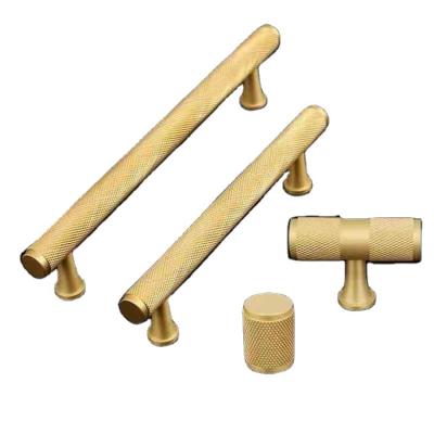 China Modern Hoone Brass Gold Knurled Handle Cupboard Door Cabinet T Bar Shape Solid Pull Handle and Knobs for sale