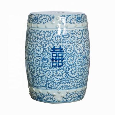 China Traditional Chinese Blue and White Happiness Double Garden Stool Porcelain Ceramic Seat for Home Decorative Change Shoe Stool in Living Room for sale