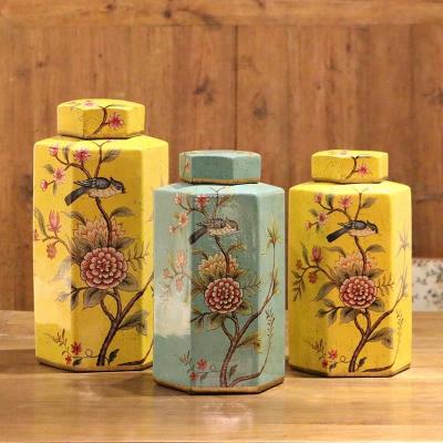 China Viable Home Decor Porcelain Sky Blue Chinese Ceramic Storage Bottle Jar Vase With Lid And Flower Painting for sale