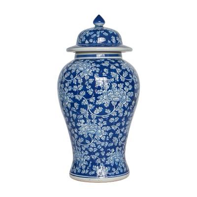 China Blue And White Ceramic Pot Viable Chinese Decorative Peony Porcelain Temple Style Ginger Pot for sale