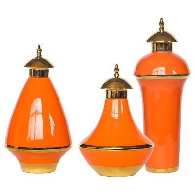 China Glazed Stocked Modern Luxury Orange And Gold Waterproof Coconut Line Shaped Ceramic Decorative Ginger Jar for sale