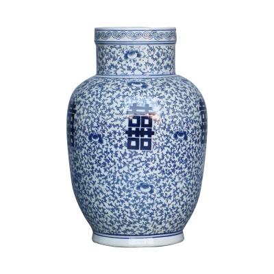 China Traditional Chinese Blue and White Happiness Double Ceramic Flower Vase for Home Decor for sale