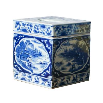 China Square box of traditional Chinese style blue and white pure hand painted ceramic paper napkin, decorative ornaments in the living room tea table for sale