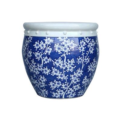 China Chinese Style Vintage Chinese Hand Drawing Blue And White Plum Ice Plum Tall Porcelain Decorative Ceramic Fishbowl Flower Pot for sale