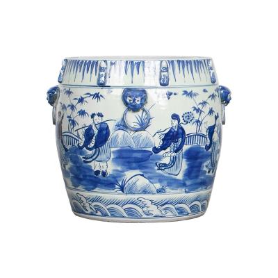 China Viable Chinese Ceramic Fishbowl Blue And White Eight Immortals Tube Umbrella Pattern Large Antique Porcelain Bowl for sale