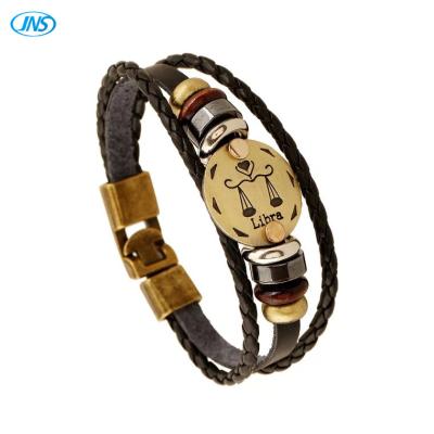 China Vintage 12 Zodiac Constellation Bracelets Leather Braided Rope Multilayer Crystal Glass Hand Woven Cuff for Women Men Punk Rock Jewelry for sale