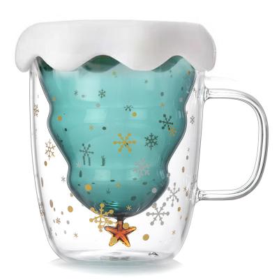 China New Viable Creative High Quality Glass Christmas Tree Double Layer Juice Cup for sale