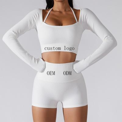 China 2022 New Breathable Spring Gym Custom Sets With Chest Long Sleeve Ribbed Yoga Wear Shorts Set For Women for sale