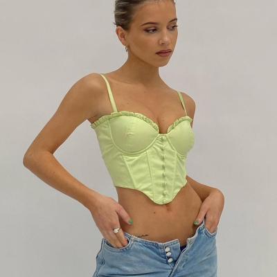 China Women Fashion 2022 Summer Viable New Clothing Fashion Suspender Fishbone Corset Ruffle Strap Ruffle Strap Lace Crop Top for sale