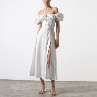 China Fashion Anti-Static Sexy Romantic Blast Sheath Shoulder Ruffled High Split Dress Female A Line Long Dress for sale