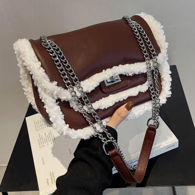 China High Quality Women Soft PU Leather Bag With Fur Trim Winter Handbag Fashion Tote Chain Underarm Bags Large Capacity Sling Cross - Body Bags for sale