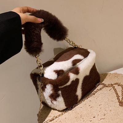 China Women's Faux Fur Female Hand Clutch Bags Cow Pattern Shoulder Bags Luxury Designer Ladies Plush Soft Box-shaped Messenger High Quality Shoulder Bags for sale