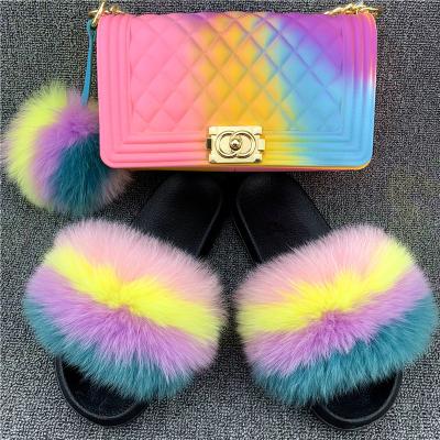 China High Quality Real Fox Fur Slides And Jelly Purse Sets Extra Fluffy Soft Slippers With Purses Fuzzy Furry Sandals And Bags Women Shoes Fall for sale