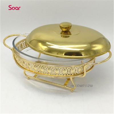 China Morden OEM Luxury Hotel Gold Color Rectangle Round Oval Buffet Chafing Dish, 1.5L 2.0L Glass Food Warmer for sale