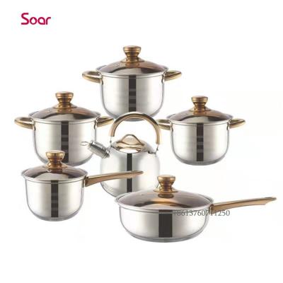 China Sustainable Luxury Gold Stainless Steel Cookware 12Pcs Set Kitchen Use Cooking Pot Set With Kettle for sale