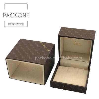 China Classic Classic Full Logo Printed Brown Beige Sleeves Packaging Jewelry Case Earring Box for sale