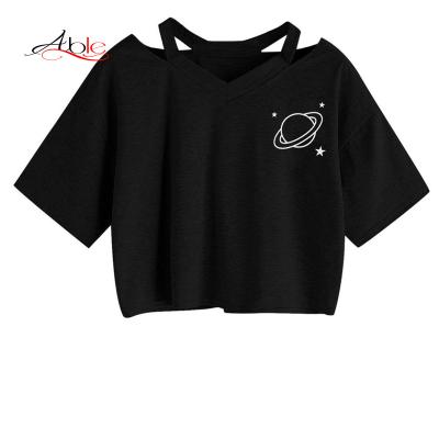 China high quality graphic capable of Anti-wrinkle stitching women's T-shirts shape to mujer de camisetas v-neck custom Logo Printing Crop Tops t-shirts in white for sale