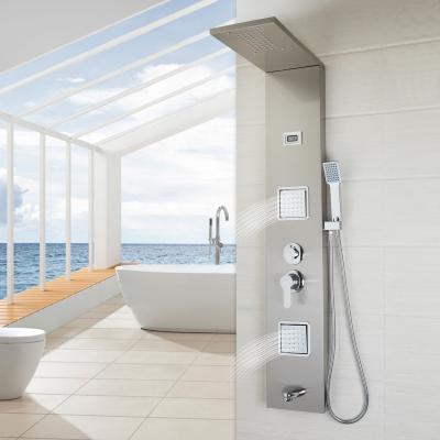 China Modern Brushed Nickel Waterfall Rain Shower Column Massage Jets Sprayer Shower Panel Hand Shower for sale