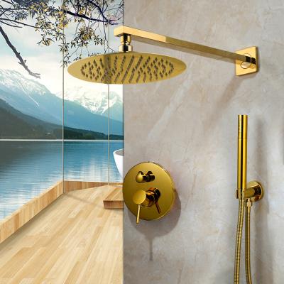 China Without Slide Bar JIENI Bathroom Gold Wall Mount Shower Faucet Set Round Shower Head Handheld Mixer Taps for sale