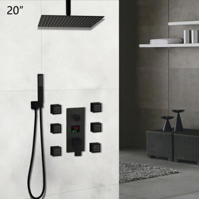 China Without Slide Bar JIENI Black 20 Inch Rainfall Shower Faucet Digital Display Set With 6 Massage Spray Body Spray Shower Mixer Taps Wall Mounted for sale