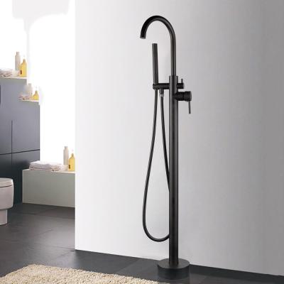 China Modern Floor Mount Black Bathtub Faucet Set Free Standing Tub Mixer Tap Hand Held Shower for sale