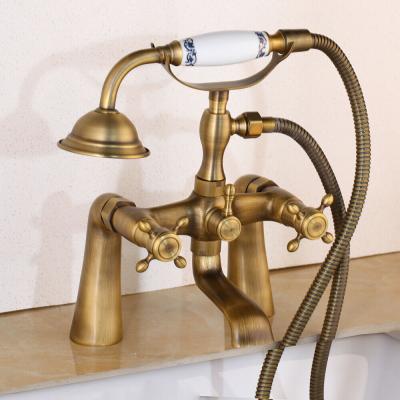 China Without Slide Bar Bathtub Knob Handle Mixer JIENI Dual Tap Antique Brass Deck Mounted Hand Shower Tub Faucet Bathroom for sale