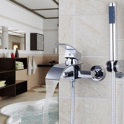 China Modern Chrome Bathroom Wall Mount Bathtub Shower Faucet Mixer Water Tap W/Hand Spray for sale